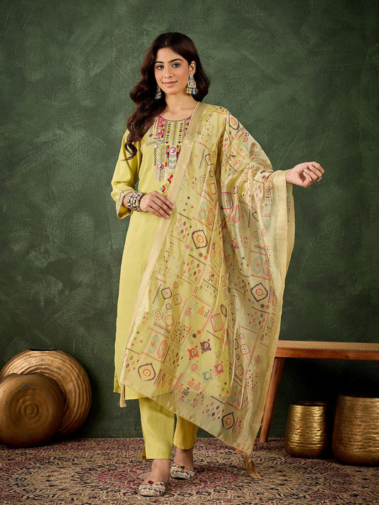 Yellow Silk Blend Readymade Suit: Organza Digital Printed Dupatta, Designer Embroidery