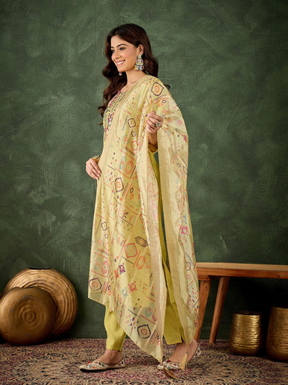 Yellow Silk Blend Readymade Suit: Organza Digital Printed Dupatta, Designer Embroidery