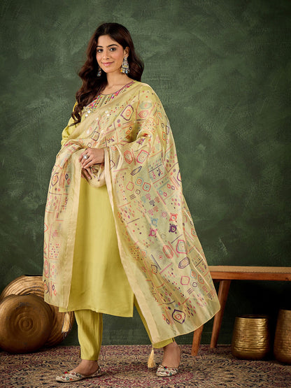 Yellow Silk Blend Readymade Suit: Organza Digital Printed Dupatta, Designer Embroidery