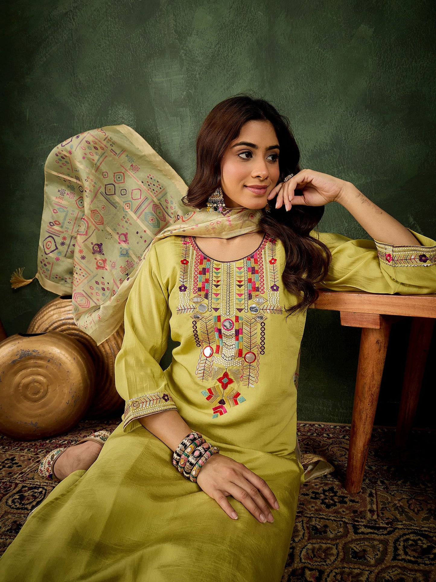 Yellow Silk Blend Readymade Suit: Organza Digital Printed Dupatta, Designer Embroidery