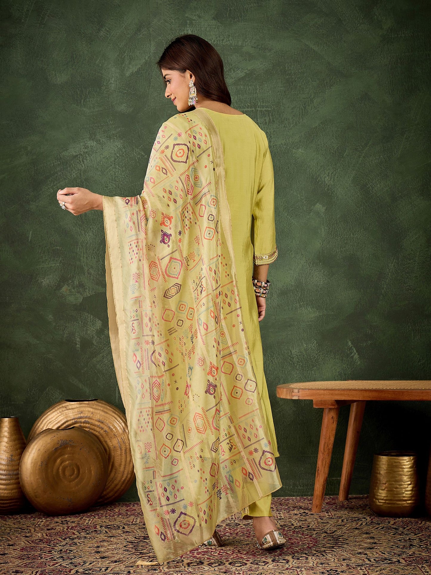 Yellow Silk Blend Readymade Suit: Organza Digital Printed Dupatta, Designer Embroidery