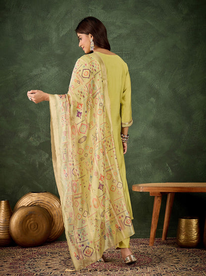Yellow Silk Blend Readymade Suit: Organza Digital Printed Dupatta, Designer Embroidery