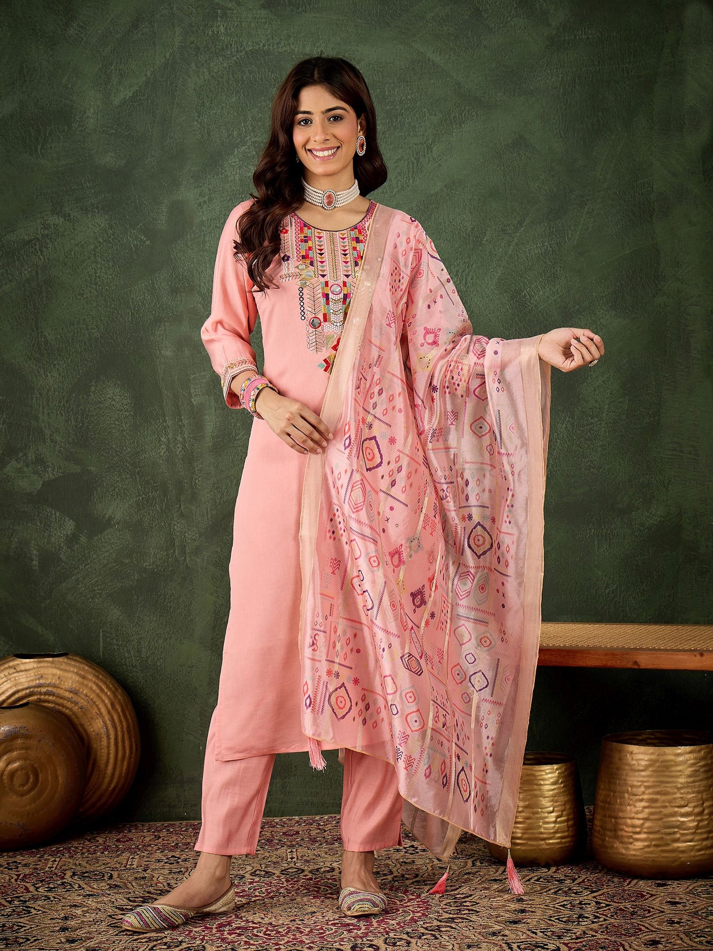 Pink Silk Blend Readymade Suit: Organza Digital Printed Dupatta, Designer Embroidery