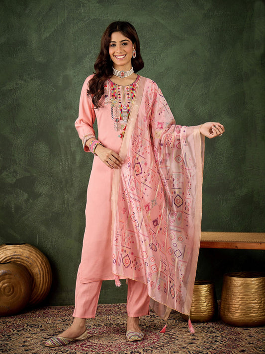 Pink Silk Blend Readymade Suit: Organza Digital Printed Dupatta, Designer Embroidery