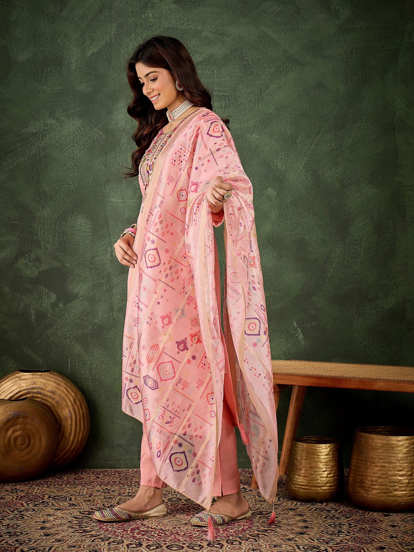Pink Silk Blend Readymade Suit: Organza Digital Printed Dupatta, Designer Embroidery