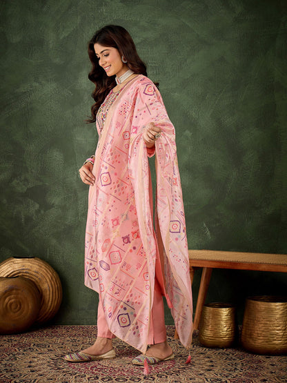 Pink Silk Blend Readymade Suit: Organza Digital Printed Dupatta, Designer Embroidery