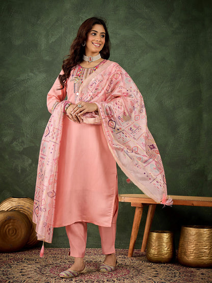 Pink Silk Blend Readymade Suit: Organza Digital Printed Dupatta, Designer Embroidery