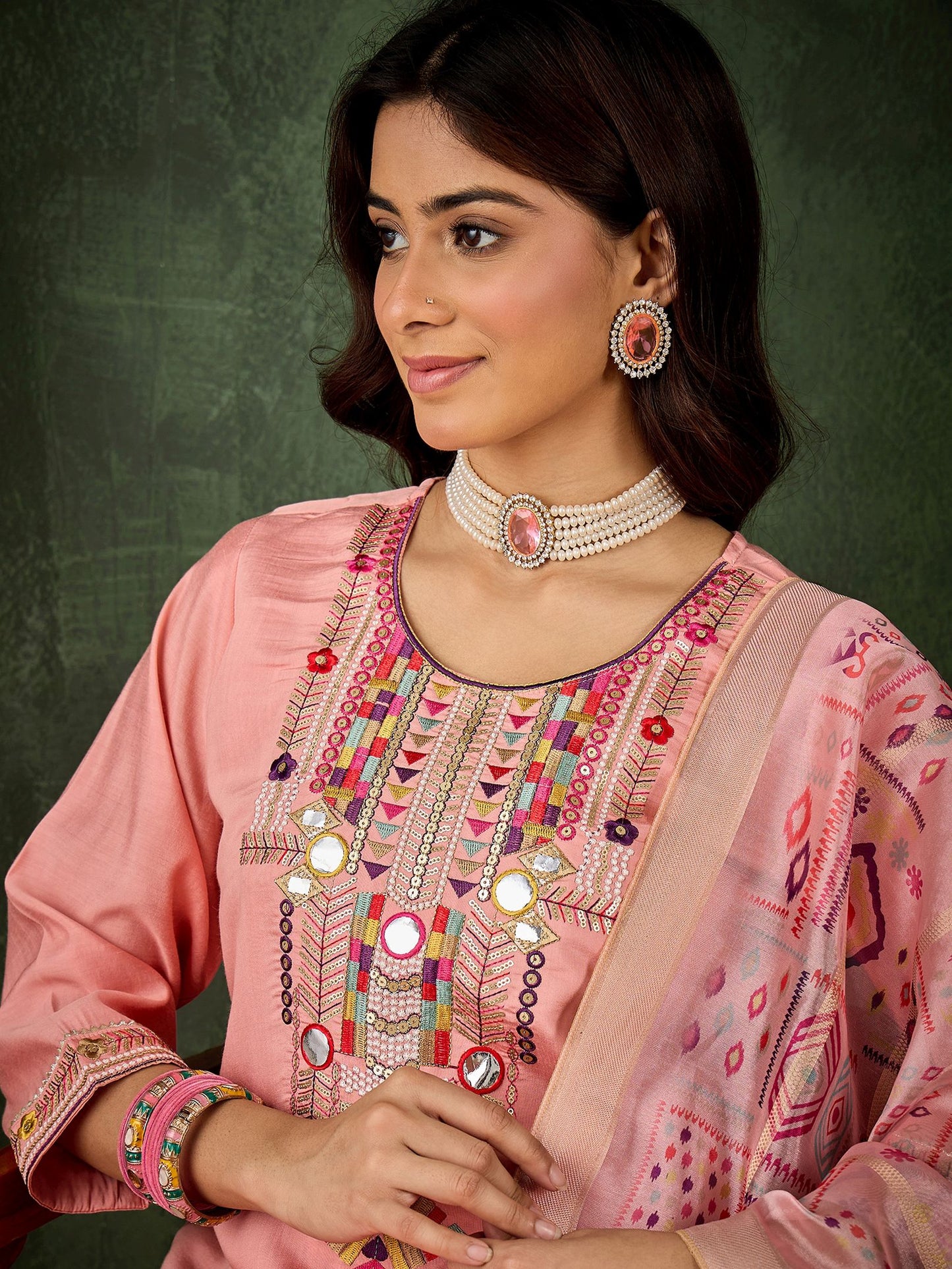 Pink Silk Blend Readymade Suit: Organza Digital Printed Dupatta, Designer Embroidery