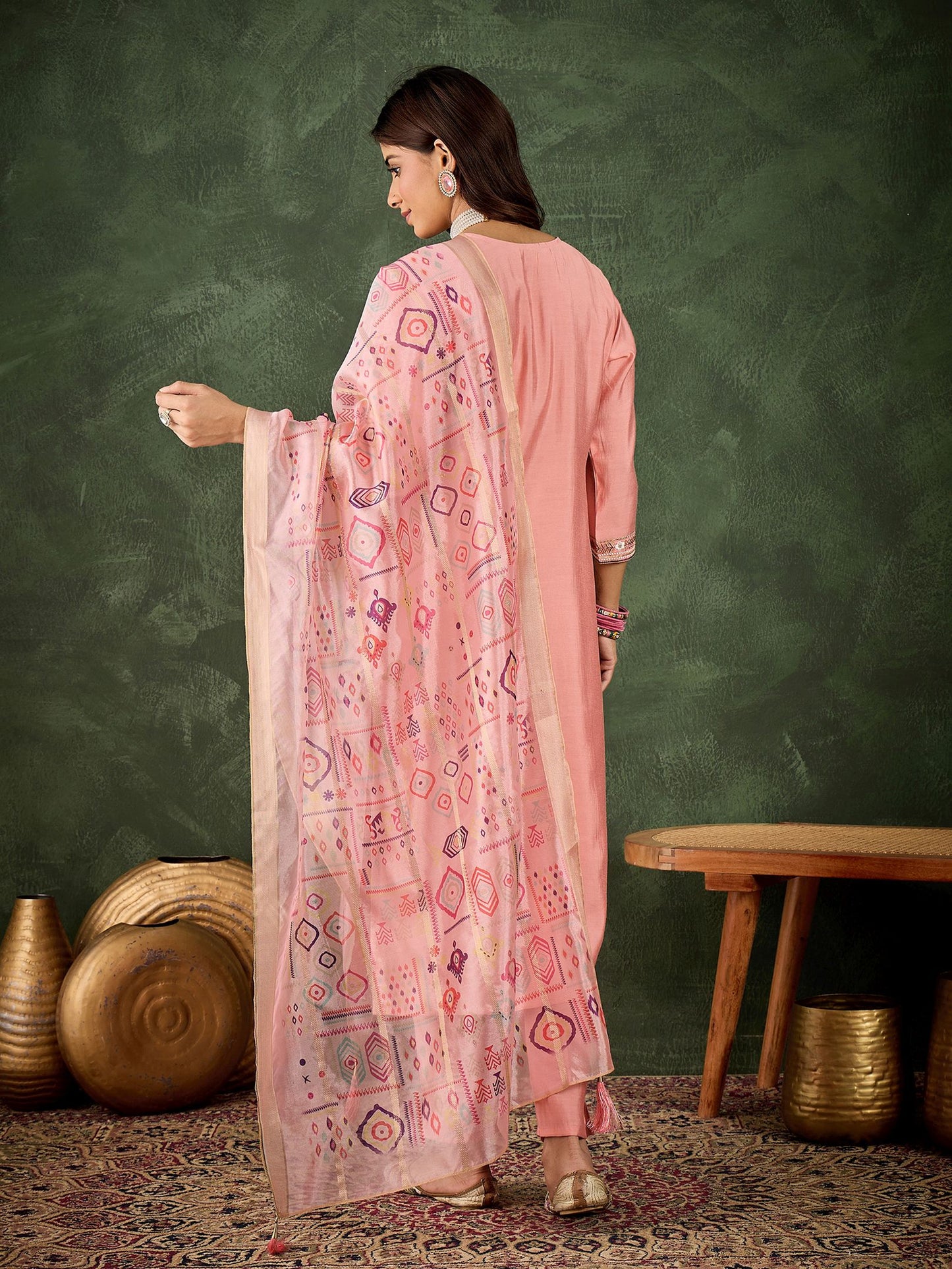 Pink Silk Blend Readymade Suit: Organza Digital Printed Dupatta, Designer Embroidery