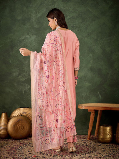 Pink Silk Blend Readymade Suit: Organza Digital Printed Dupatta, Designer Embroidery