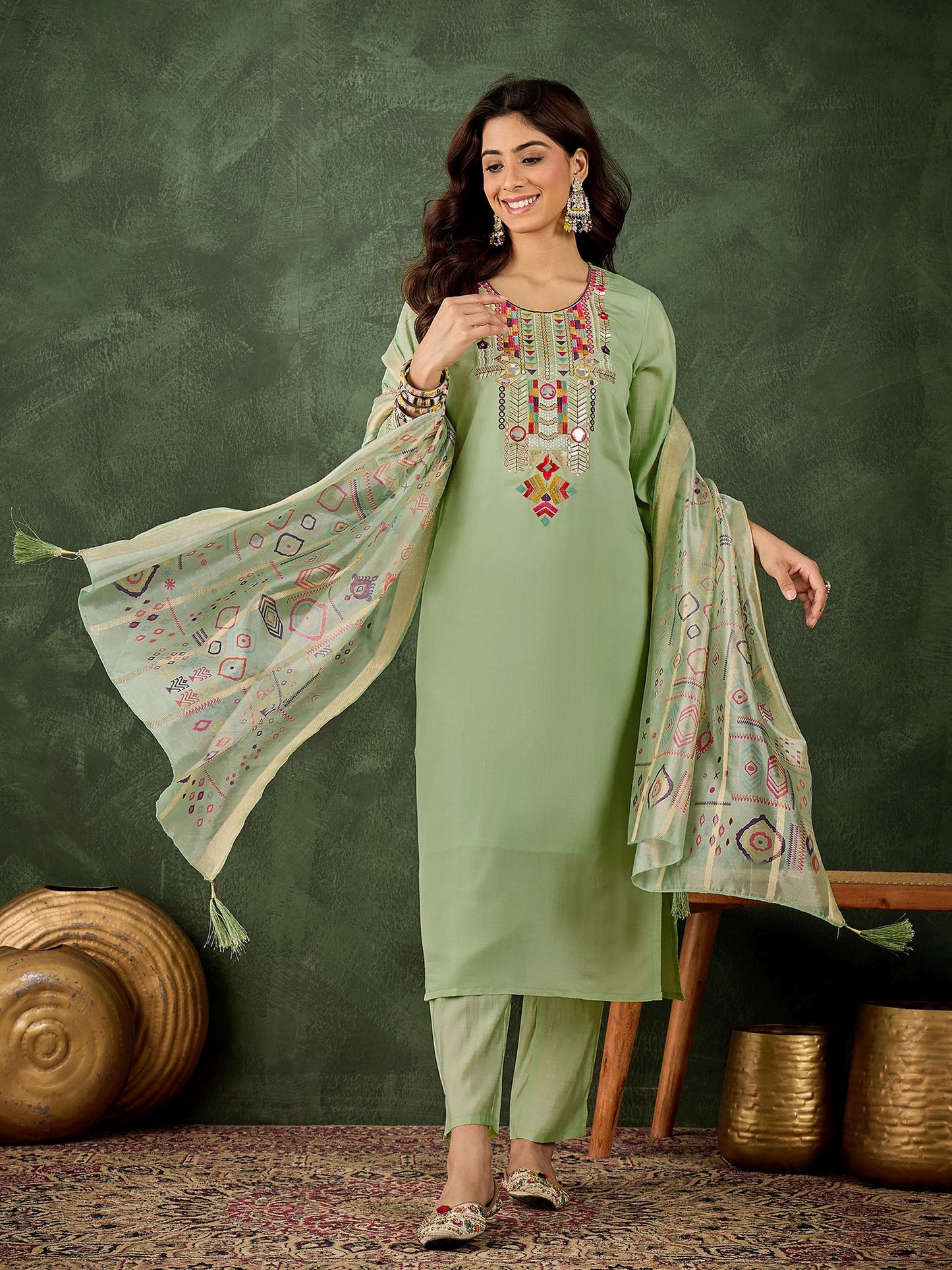 Pista Silk Blend Readymade Suit: Organza Digital Printed Dupatta, Designer Embroidery Work