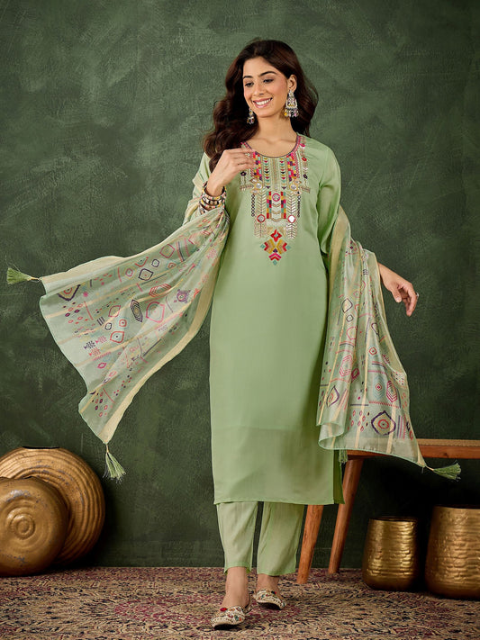 Pista Silk Blend Readymade Suit: Organza Digital Printed Dupatta, Designer Embroidery Work