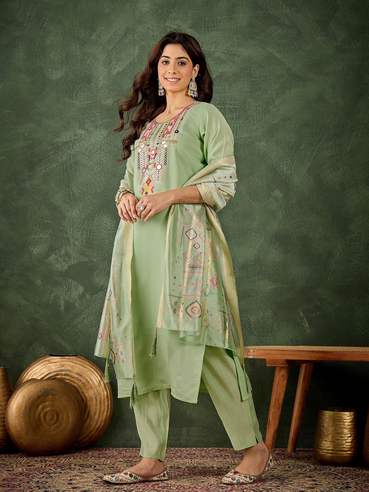 Pista Silk Blend Readymade Suit: Organza Digital Printed Dupatta, Designer Embroidery Work