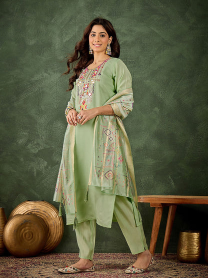 Pista Silk Blend Readymade Suit: Organza Digital Printed Dupatta, Designer Embroidery Work