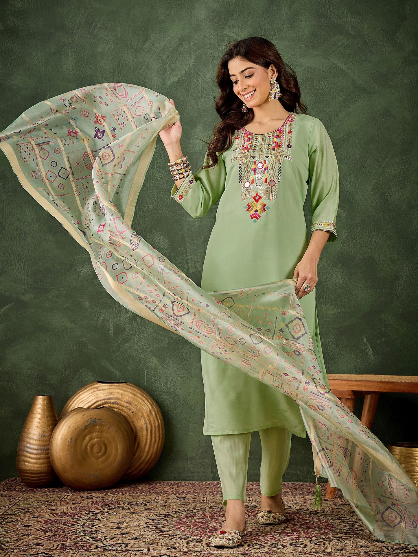 Pista Silk Blend Readymade Suit: Organza Digital Printed Dupatta, Designer Embroidery Work