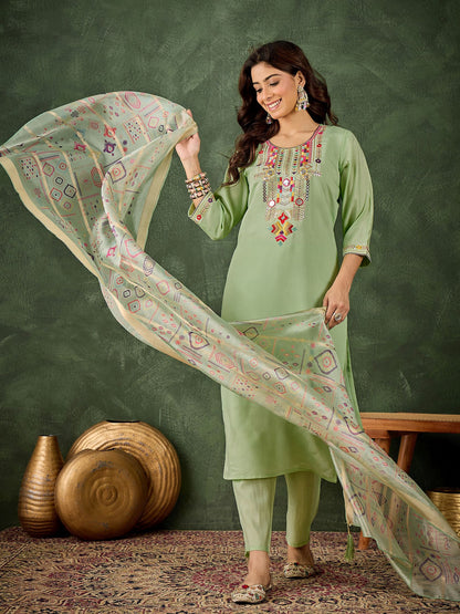 Pista Silk Blend Readymade Suit: Organza Digital Printed Dupatta, Designer Embroidery Work
