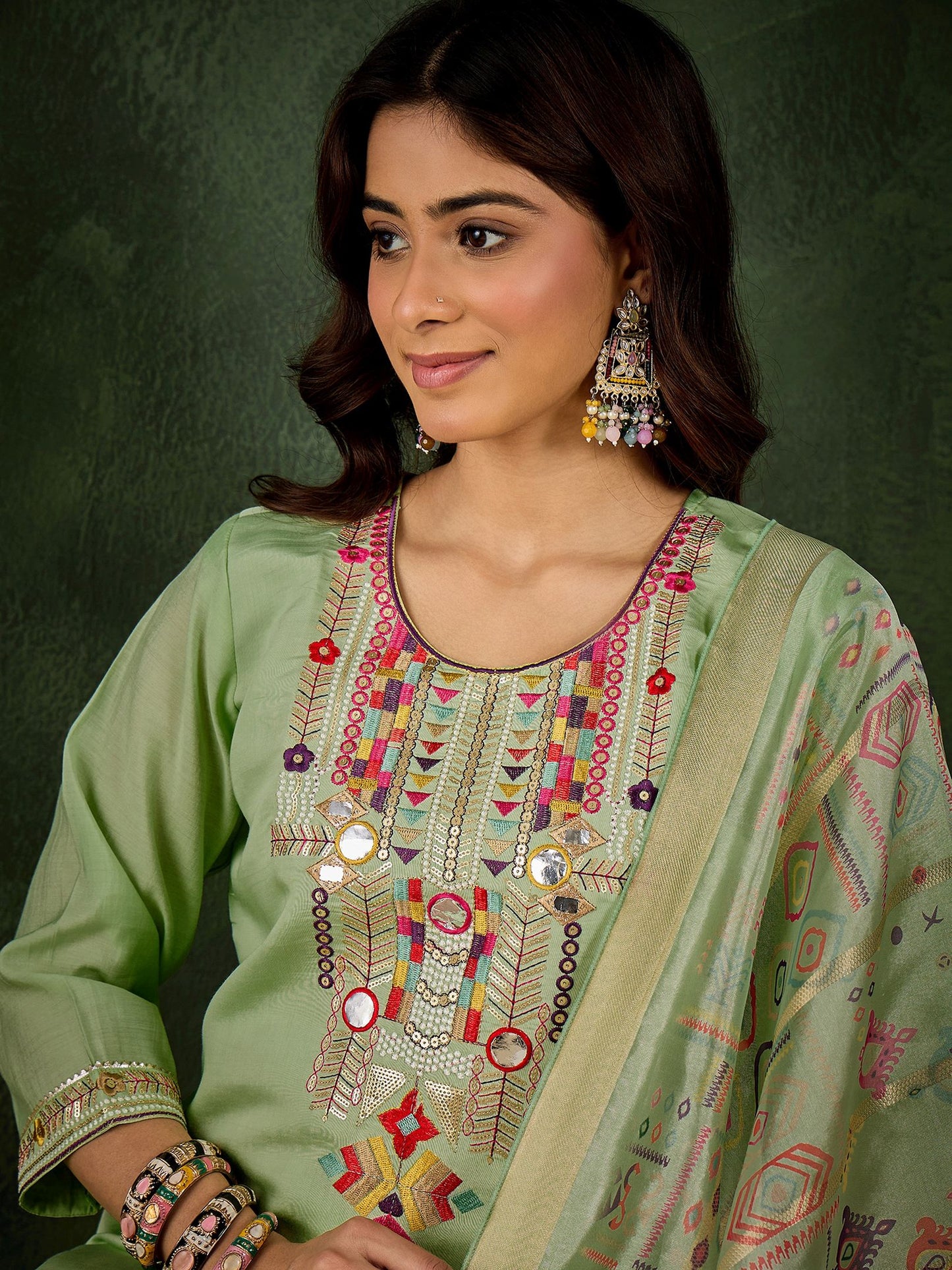 Pista Silk Blend Readymade Suit: Organza Digital Printed Dupatta, Designer Embroidery Work