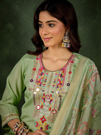 Pista Silk Blend Readymade Suit: Organza Digital Printed Dupatta, Designer Embroidery Work