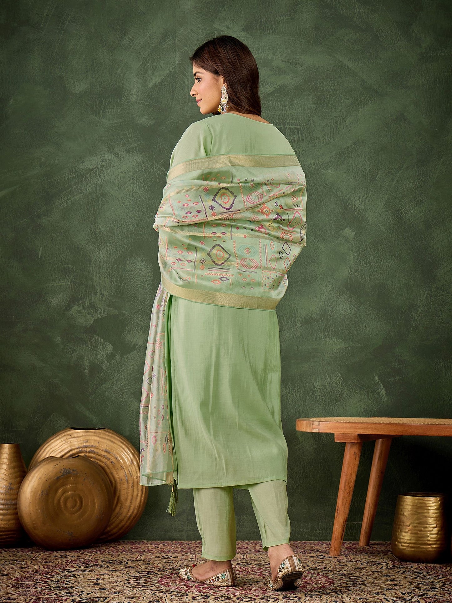 Pista Silk Blend Readymade Suit: Organza Digital Printed Dupatta, Designer Embroidery Work
