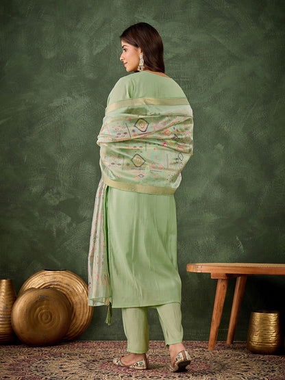 Pista Silk Blend Readymade Suit: Organza Digital Printed Dupatta, Designer Embroidery Work