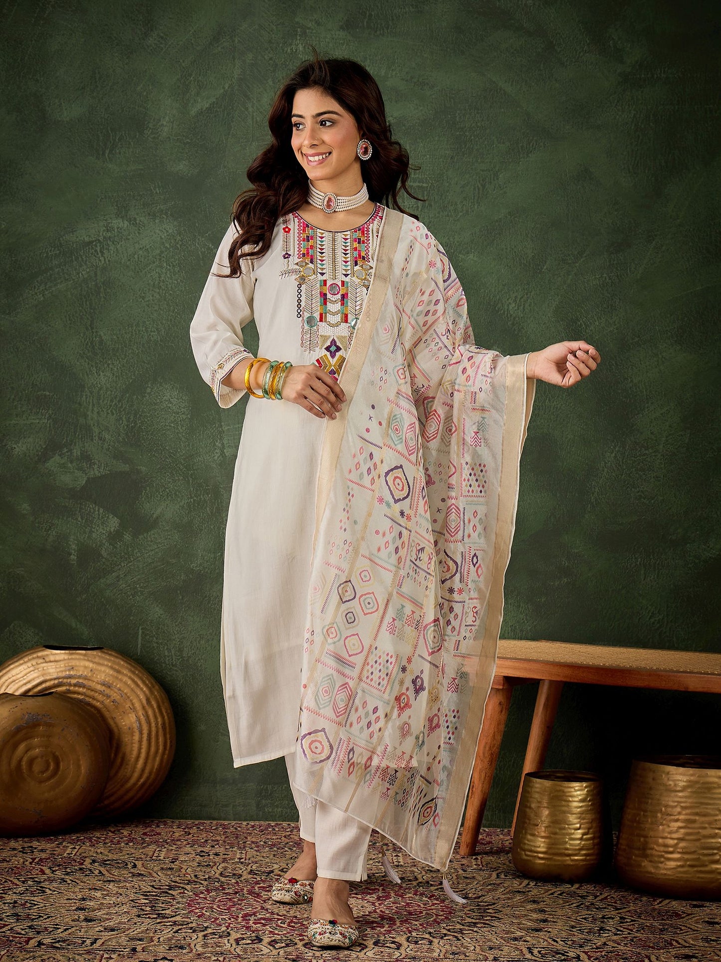 Off White Silk Blend Readymade Suit: Organza Digital Printed Dupatta, Designer Embroidery Work
