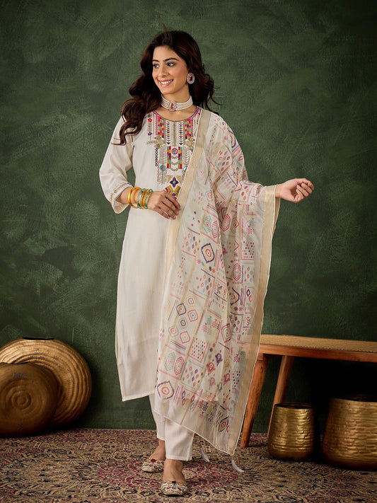 Off White Silk Blend Readymade Suit: Organza Digital Printed Dupatta, Designer Embroidery Work