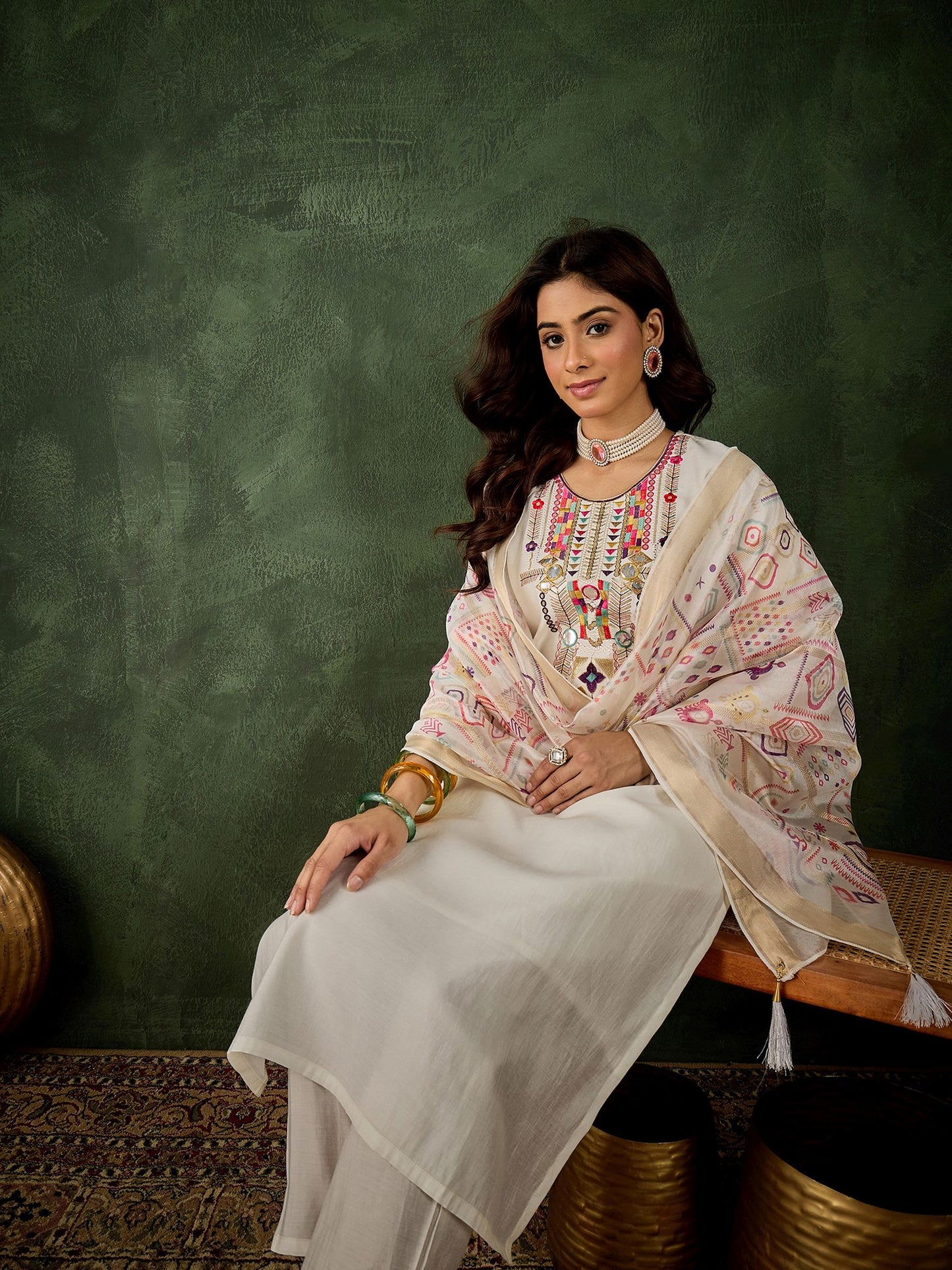 Off White Silk Blend Readymade Suit: Organza Digital Printed Dupatta, Designer Embroidery Work