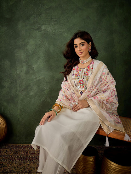 Off White Silk Blend Readymade Suit: Organza Digital Printed Dupatta, Designer Embroidery Work