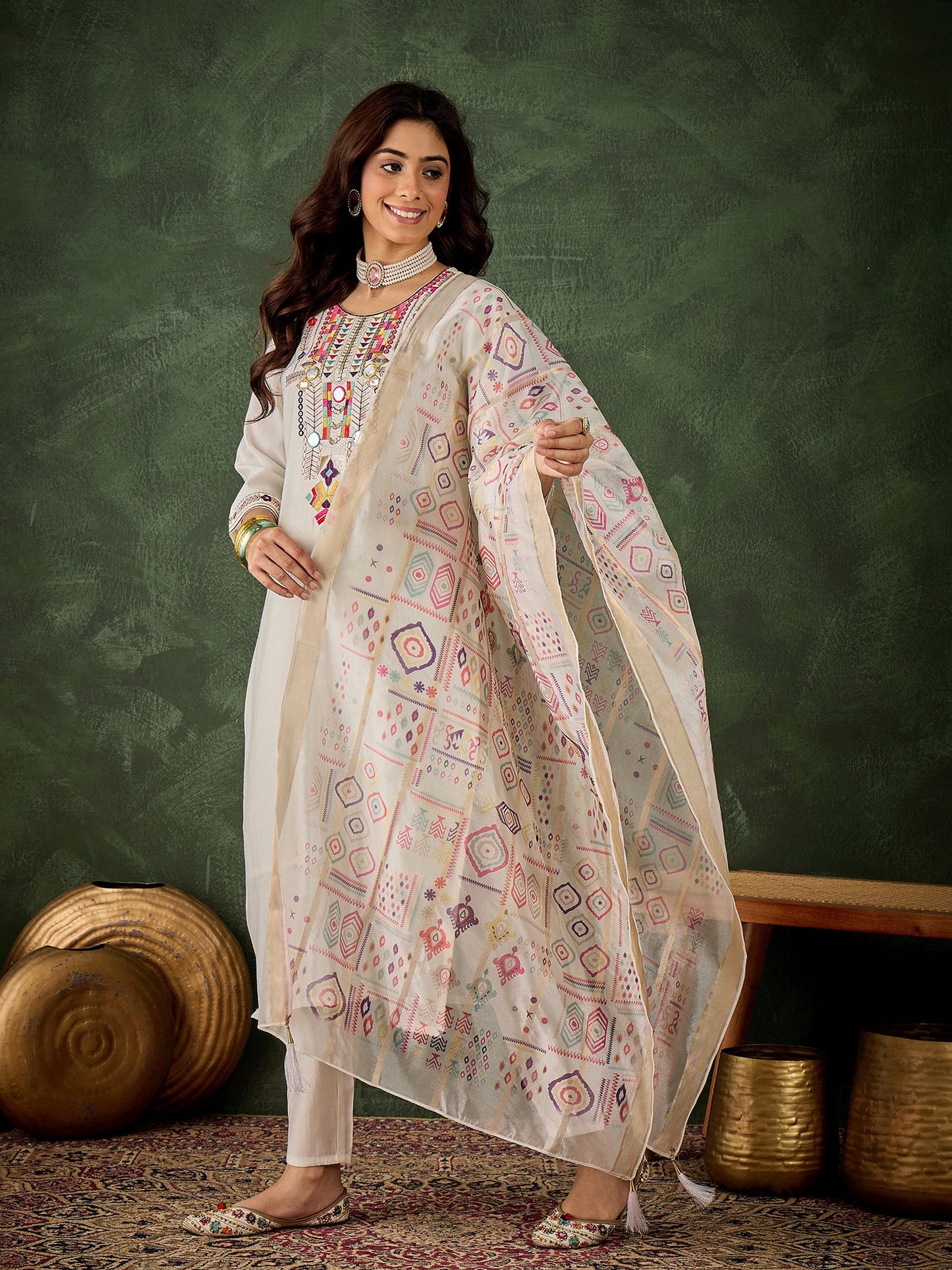 Off White Silk Blend Readymade Suit: Organza Digital Printed Dupatta, Designer Embroidery Work