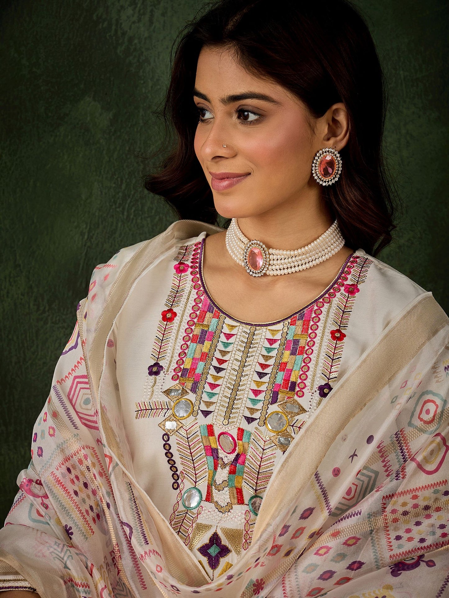 Off White Silk Blend Readymade Suit: Organza Digital Printed Dupatta, Designer Embroidery Work