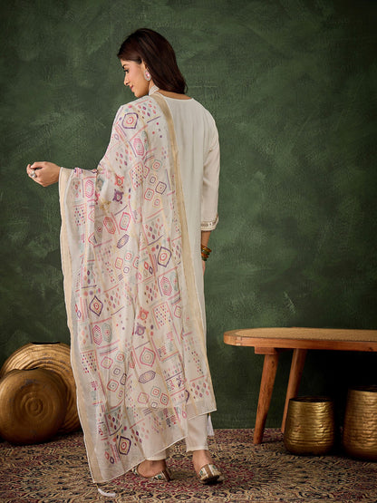 Off White Silk Blend Readymade Suit: Organza Digital Printed Dupatta, Designer Embroidery Work