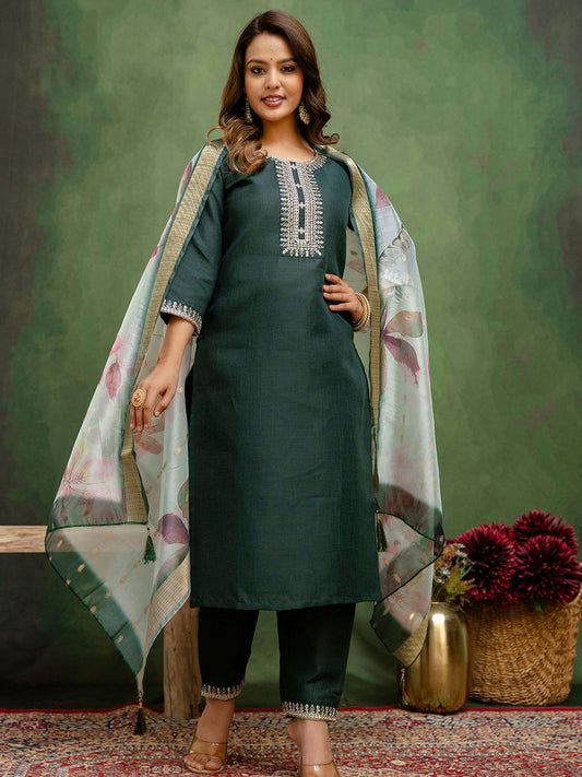Green Cotton Blend Readymade Suit: Off-White Organza Dupatta, Designer Embroidery