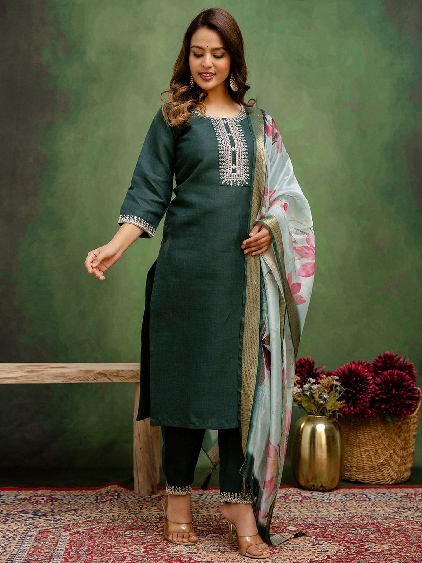 Green Cotton Blend Readymade Suit: Off-White Organza Dupatta, Designer Embroidery
