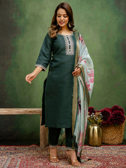 Green Cotton Blend Readymade Suit: Off-White Organza Dupatta, Designer Embroidery