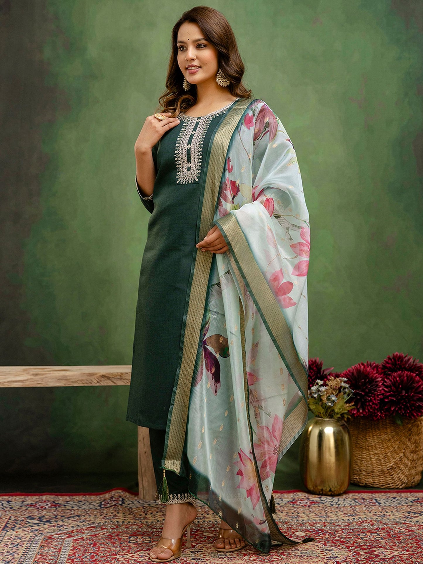 Green Cotton Blend Readymade Suit: Off-White Organza Dupatta, Designer Embroidery