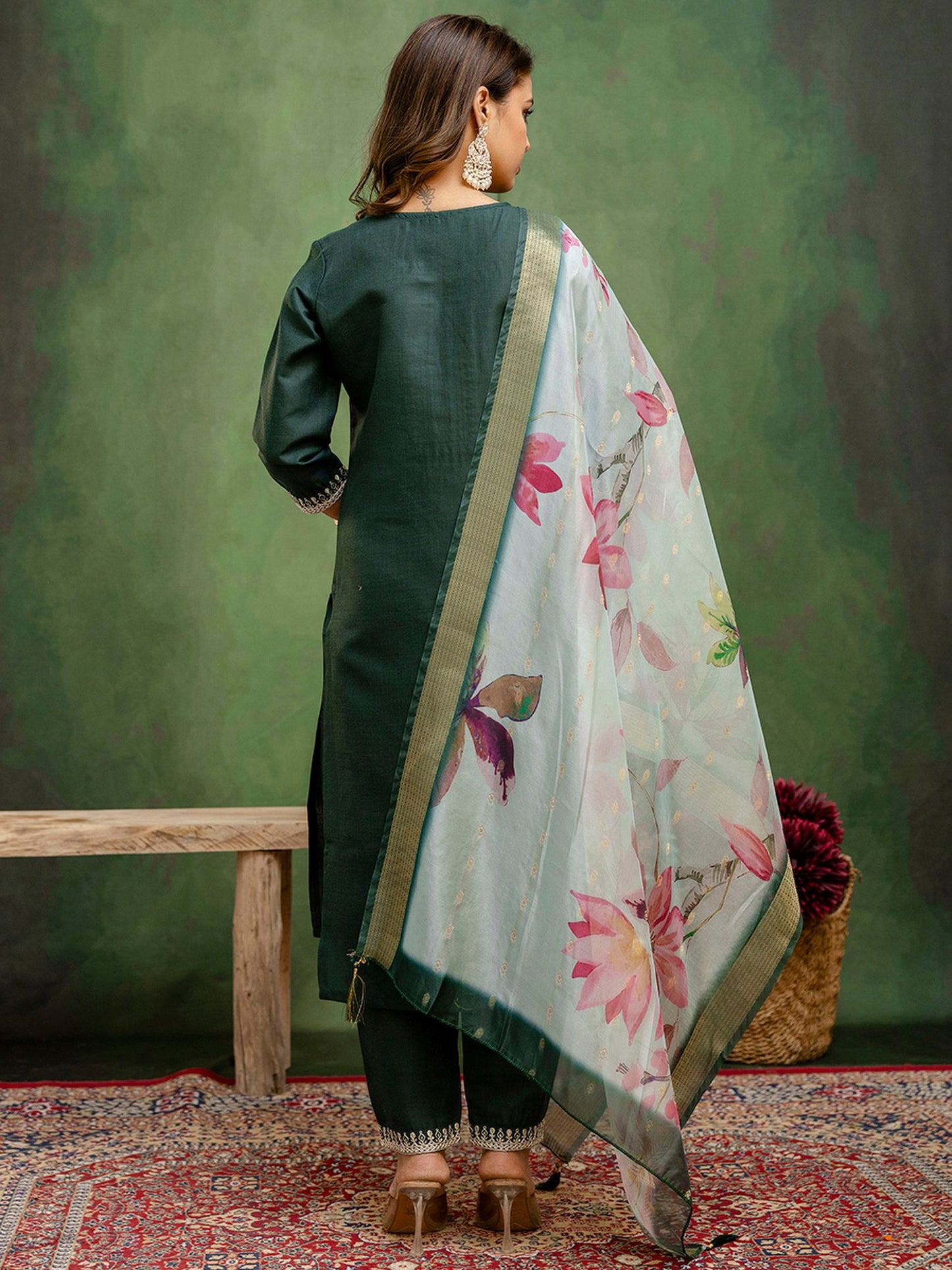 Green Cotton Blend Readymade Suit: Off-White Organza Dupatta, Designer Embroidery