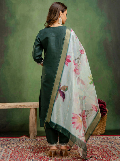Green Cotton Blend Readymade Suit: Off-White Organza Dupatta, Designer Embroidery