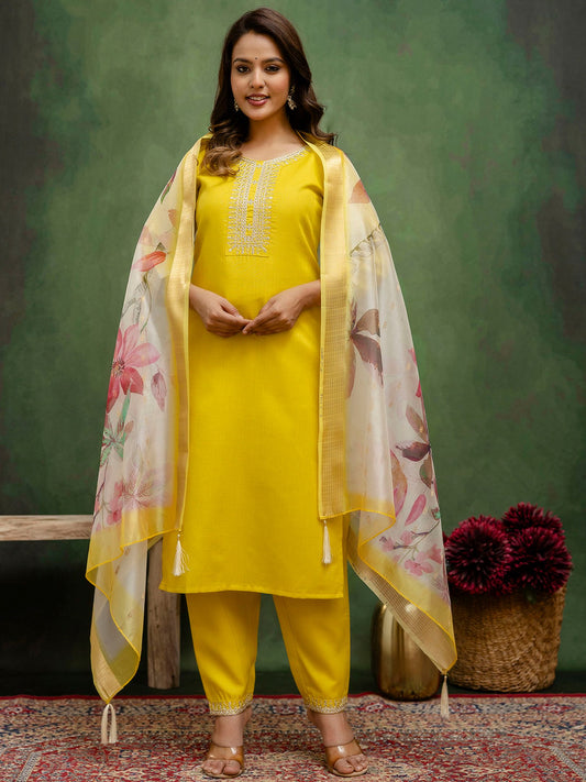 Lemon Cotton Blend Readymade Suit: Off-White Organza Dupatta, Designer Embroidery