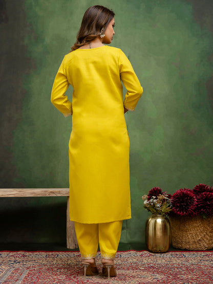 Lemon Cotton Blend Readymade Suit: Off-White Organza Dupatta, Designer Embroidery
