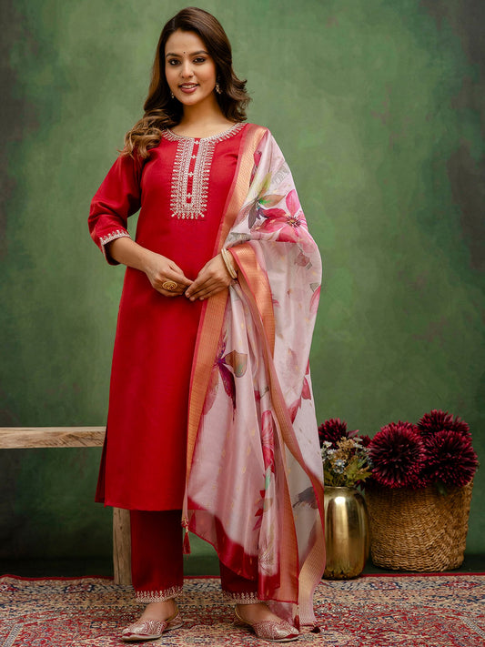 Maroon Cotton Blend Readymade Suit: Off-White Organza Dupatta, Designer Embroidery