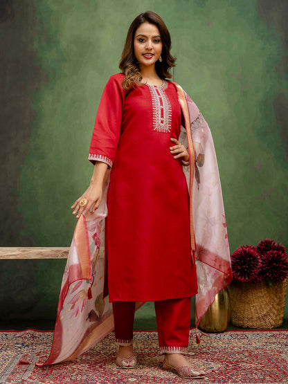 Maroon Cotton Blend Readymade Suit: Off-White Organza Dupatta, Designer Embroidery