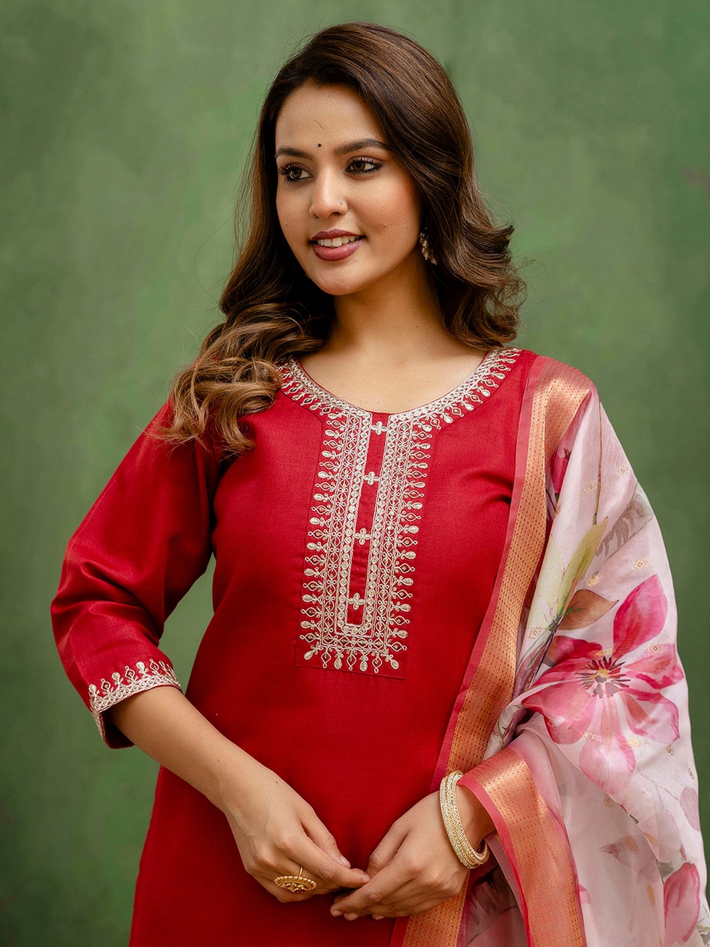Maroon Cotton Blend Readymade Suit: Off-White Organza Dupatta, Designer Embroidery