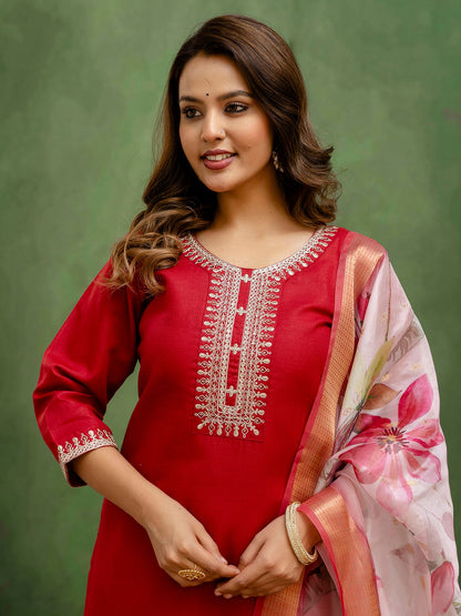 Maroon Cotton Blend Readymade Suit: Off-White Organza Dupatta, Designer Embroidery