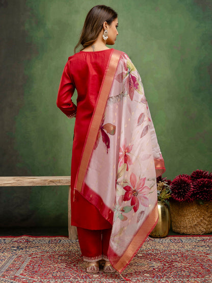 Maroon Cotton Blend Readymade Suit: Off-White Organza Dupatta, Designer Embroidery