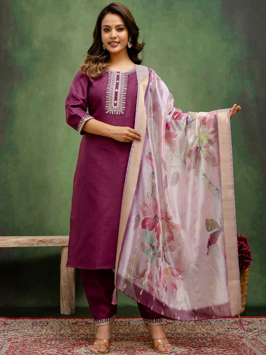 Purple Cotton Blend Readymade Suit: Off-White Organza Dupatta, Designer Embroidery