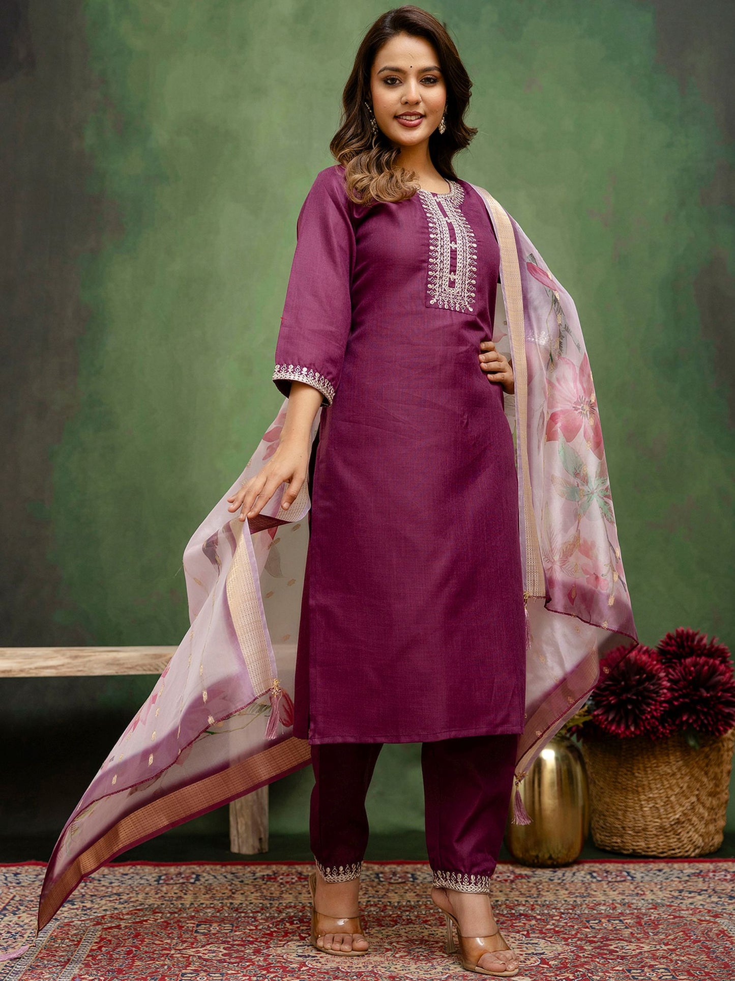 Purple Cotton Blend Readymade Suit: Off-White Organza Dupatta, Designer Embroidery
