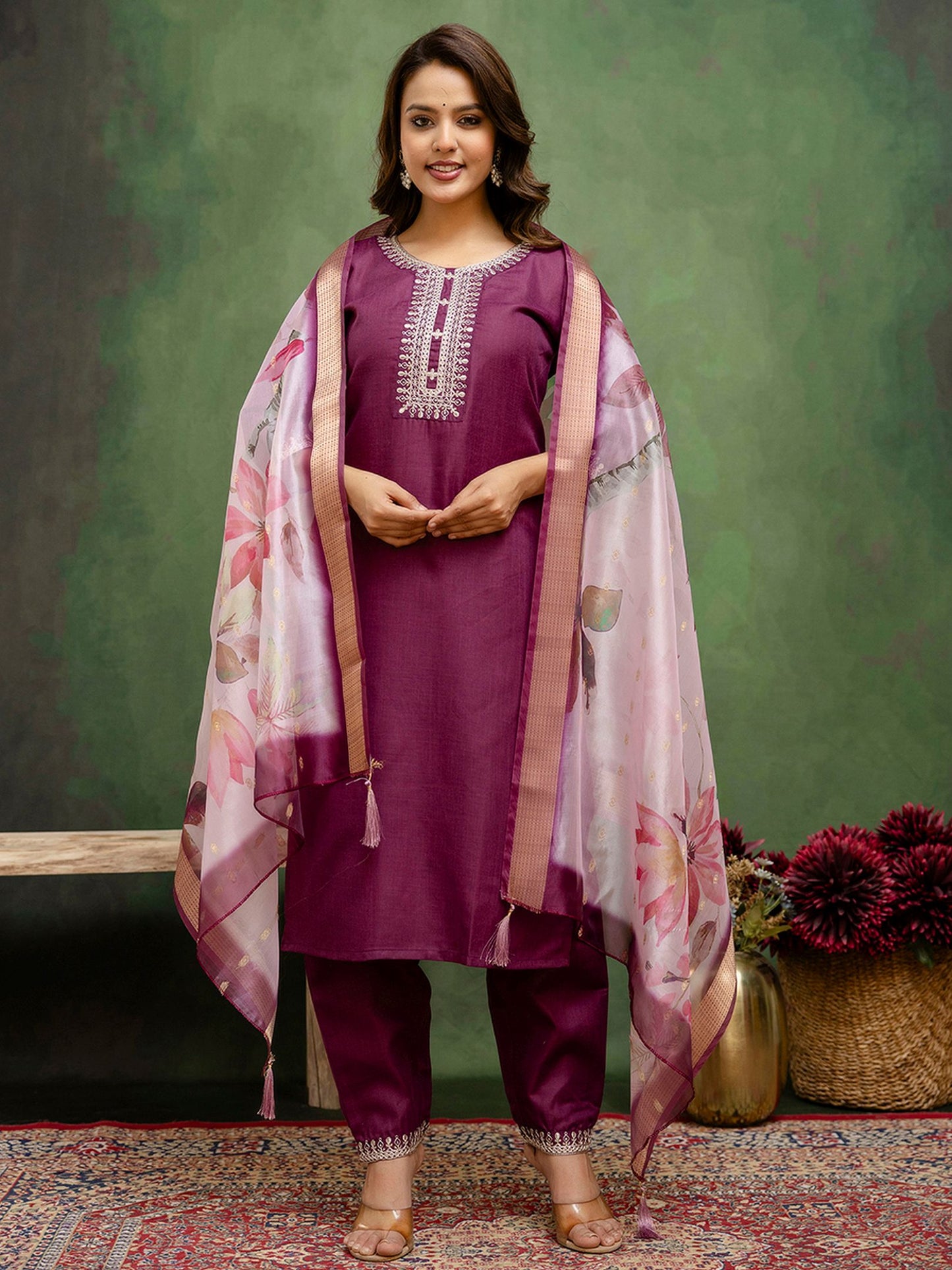 Purple Cotton Blend Readymade Suit: Off-White Organza Dupatta, Designer Embroidery