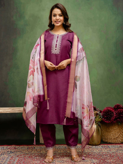 Purple Cotton Blend Readymade Suit: Off-White Organza Dupatta, Designer Embroidery