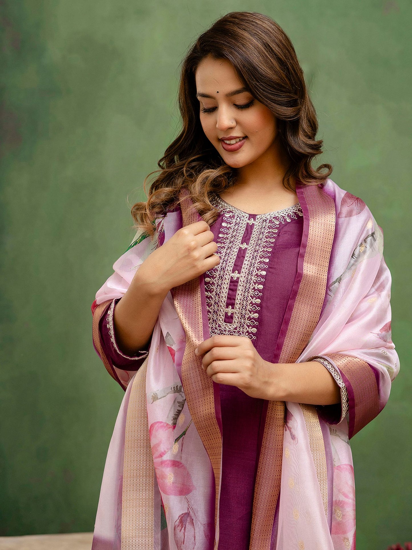 Purple Cotton Blend Readymade Suit: Off-White Organza Dupatta, Designer Embroidery