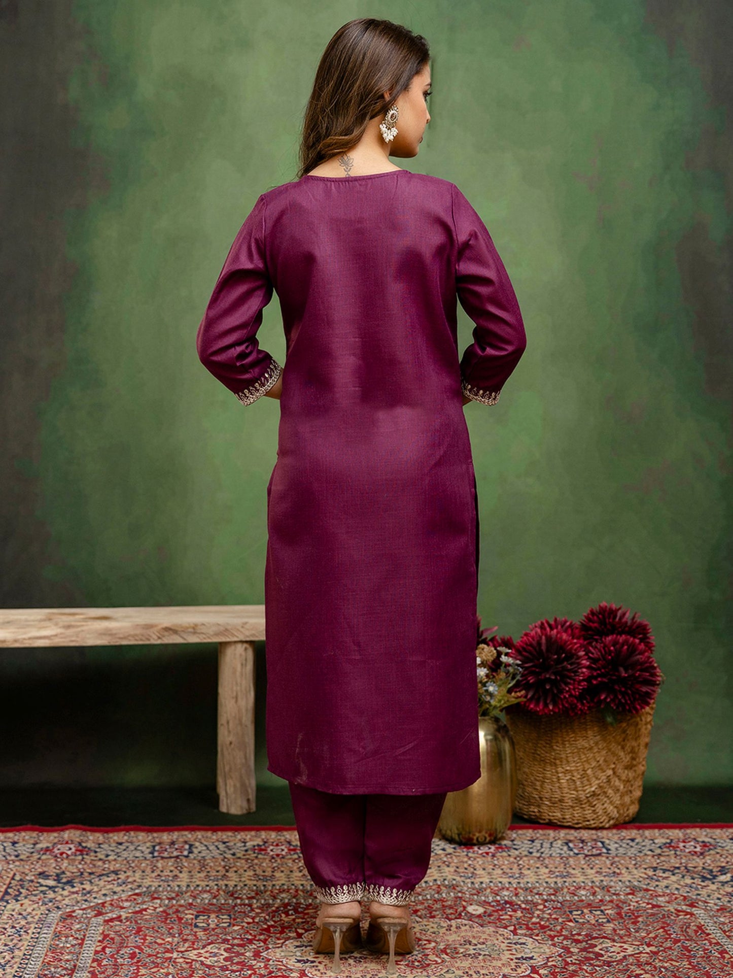 Purple Cotton Blend Readymade Suit: Off-White Organza Dupatta, Designer Embroidery
